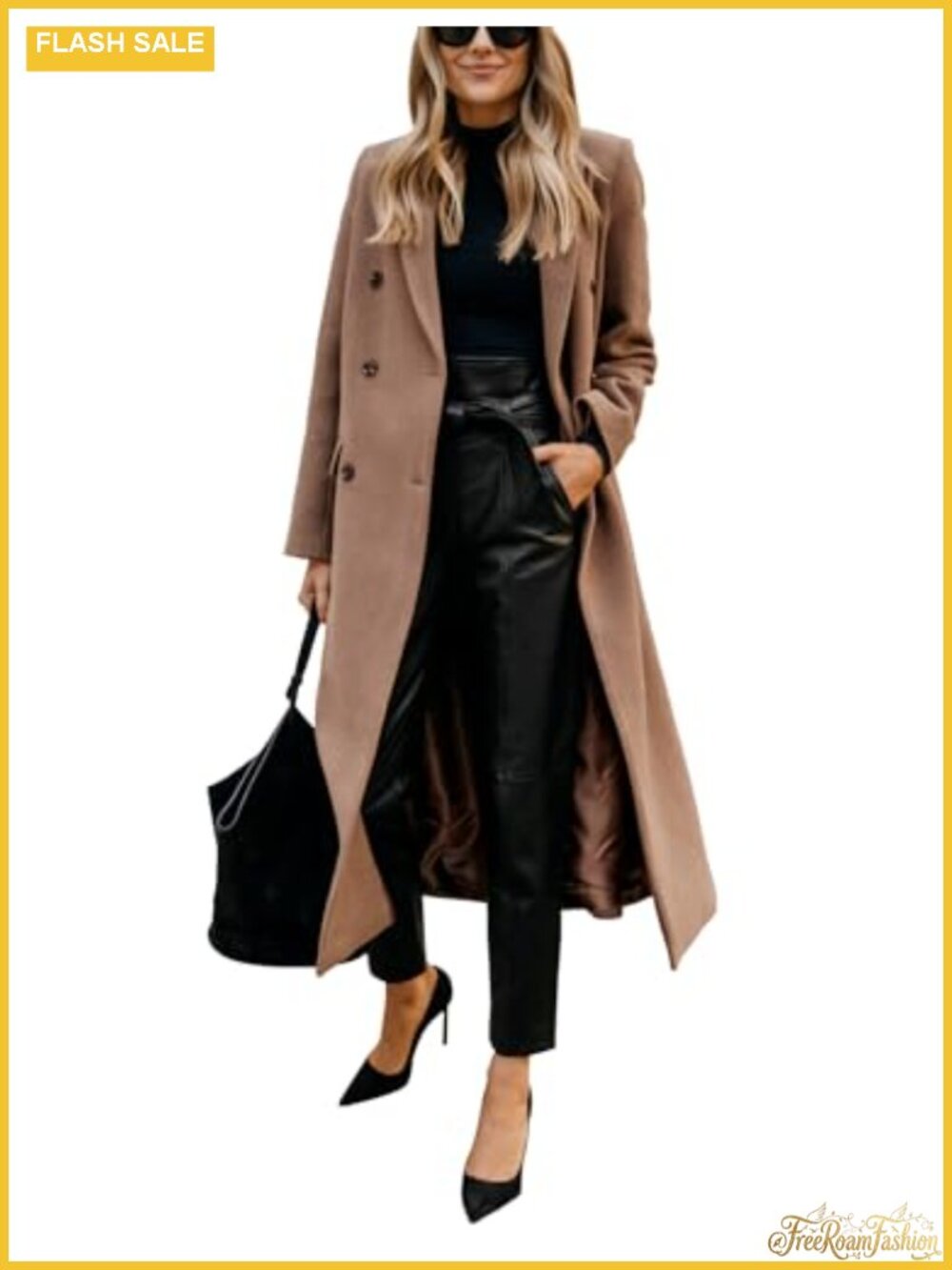 Womens Long Wool Blend Peacoat Notch Lapel Double Breasted Winter Coat